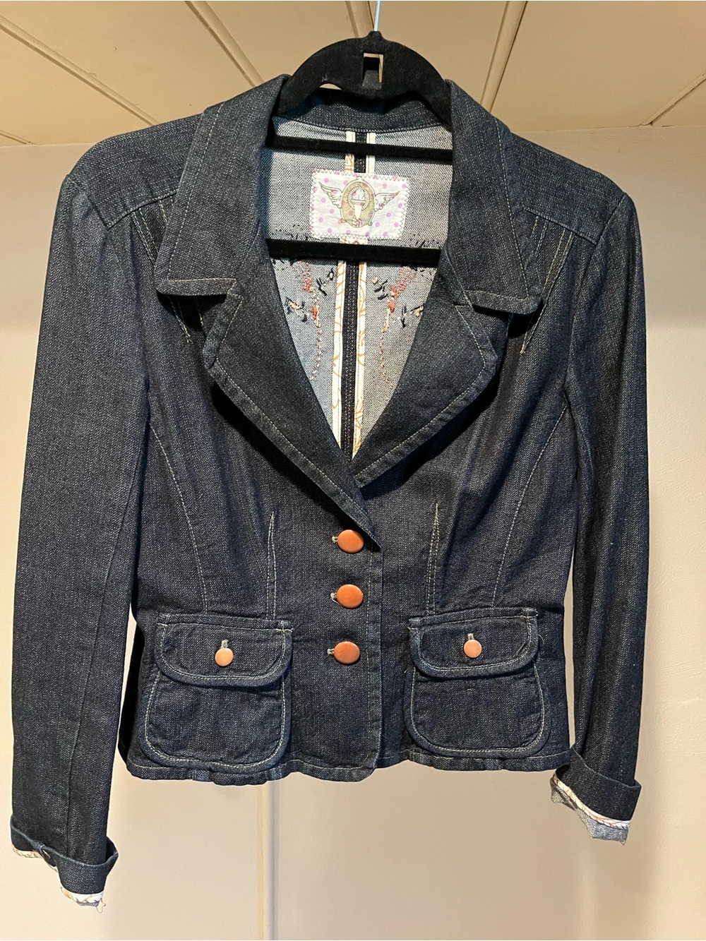 Burning Torch Dark Indigo Denim Blazer with Embroidery